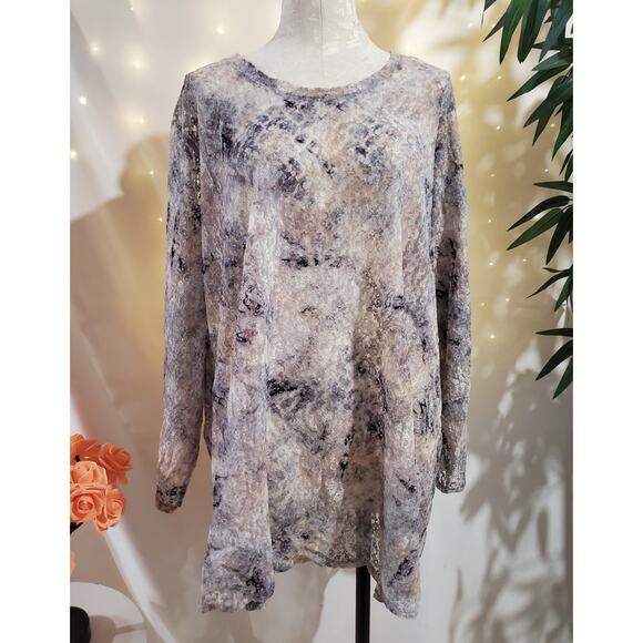 LOGO by Lori Goldstein Floral Tie Dye Sheer Lace Top Womens Size 5X Long Sleeve - Picture 1 of 11